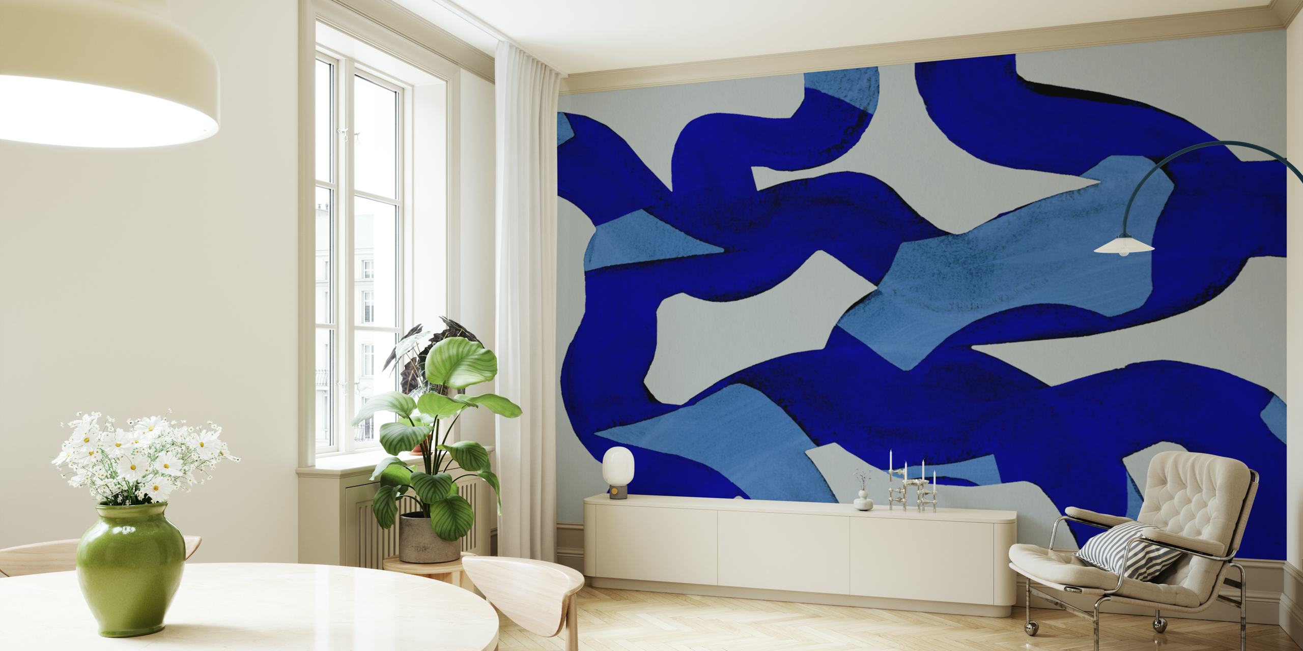 Blue abstract brush strokes wallpaper in room